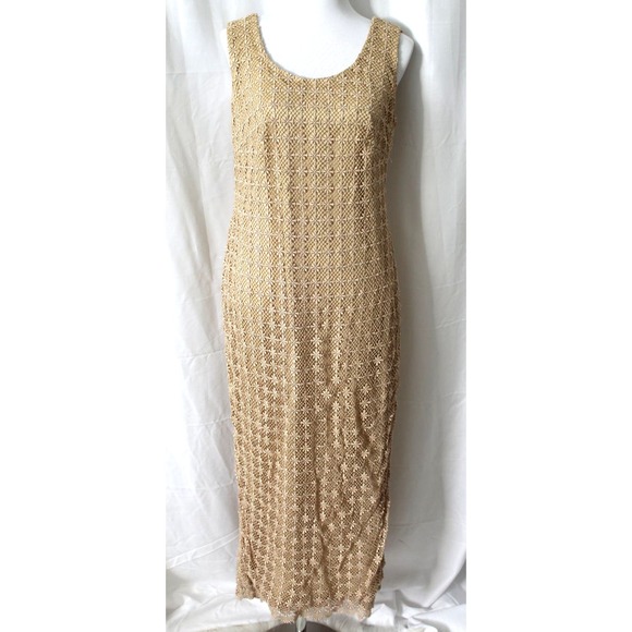 Vintage Dresses & Skirts - Vintage Handmade Crochet Floral Lace Midi Dress Champagne Beige Large